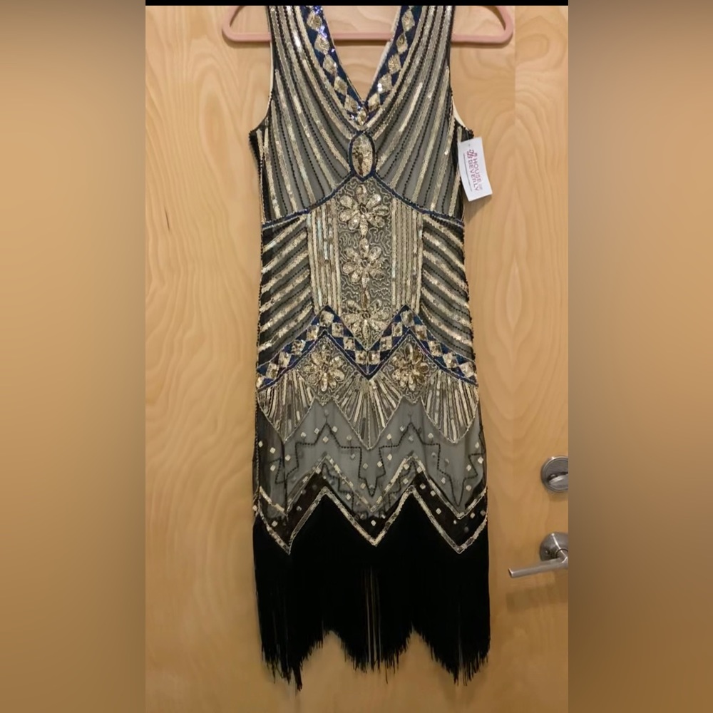 Vintage 60s Style Flapper Dress, Gold with Iridescent trimming